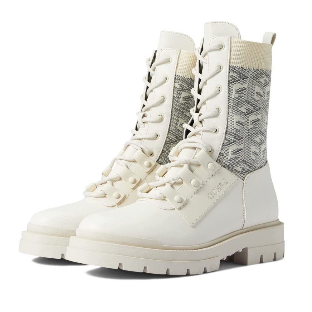 Guess Boots Odalis Ivory Textile Lace Up Booties